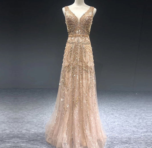 Luxury Pearl Crystal V-Neck Sleeveless Evening Dresses