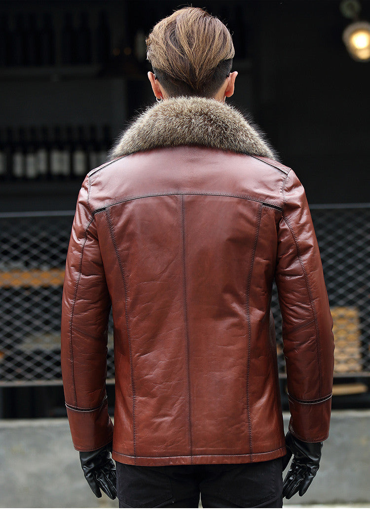 Burgundy Brown Genuine Leather Fox Fur Collar Coat