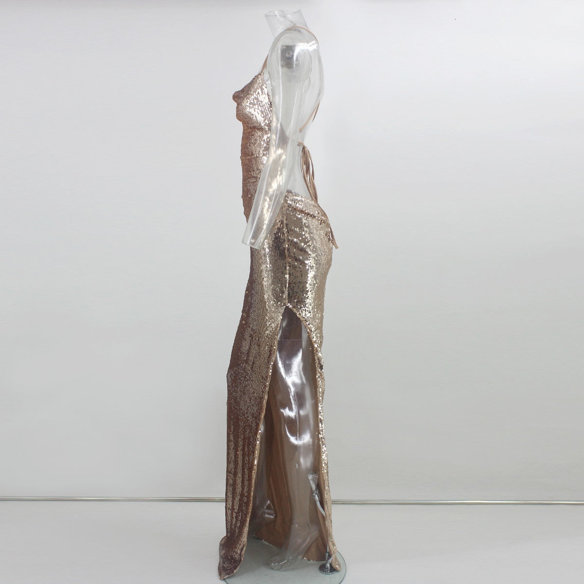 Gold Spaghetti Strap V Backless Sequin Maxi Bodycon Dress