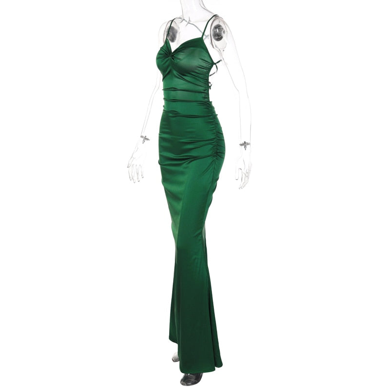 Green Satin Backless Maxi Dress