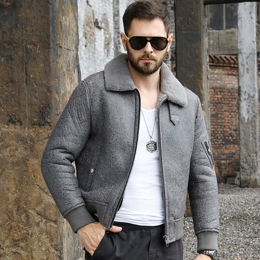 Grey Genuine Leather Real Shearling Fur Short Coat