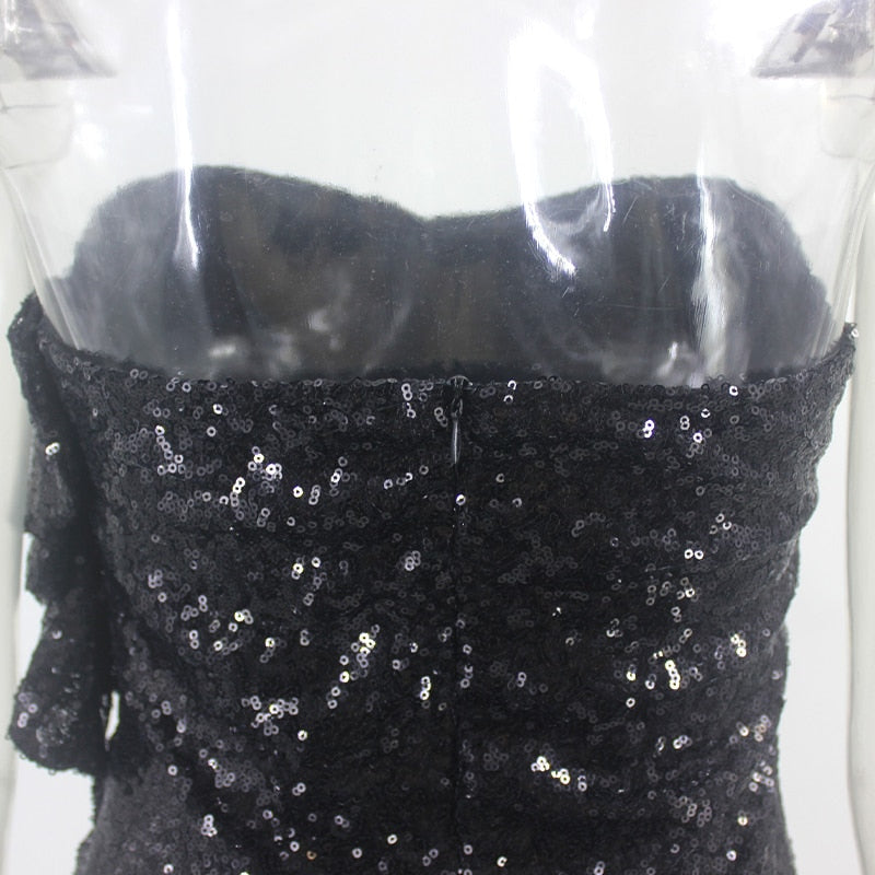 Black Sequin Off Shoulder Bodycon Split Mini Dress