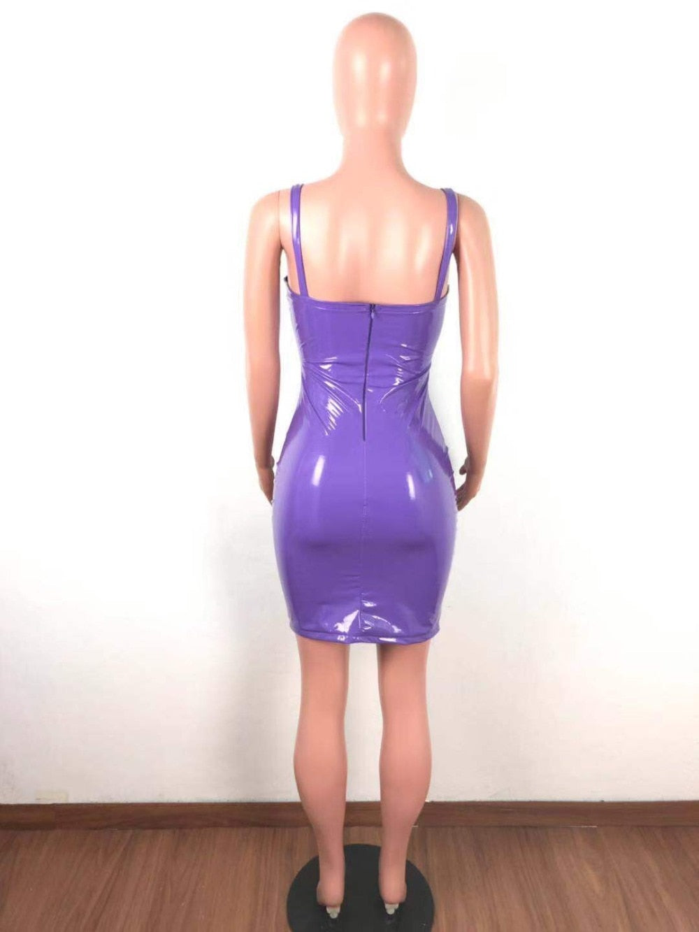 Pu Leather Spaghetti Strap Zippers Mini Dresses