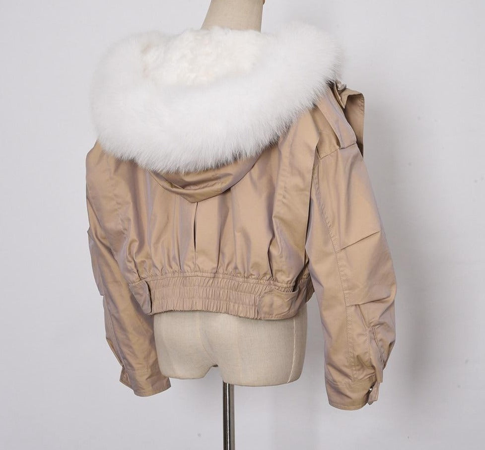 Real Fox Fur Hooded Bomber Crop Jackets