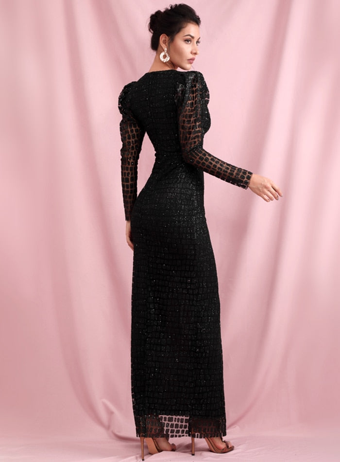 Black Bubble Long Sleeve Split Glitter Maxi Dress