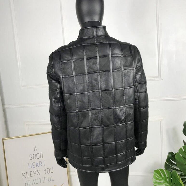 Box Pattern Genuine Leather Coats Real Fur Liner