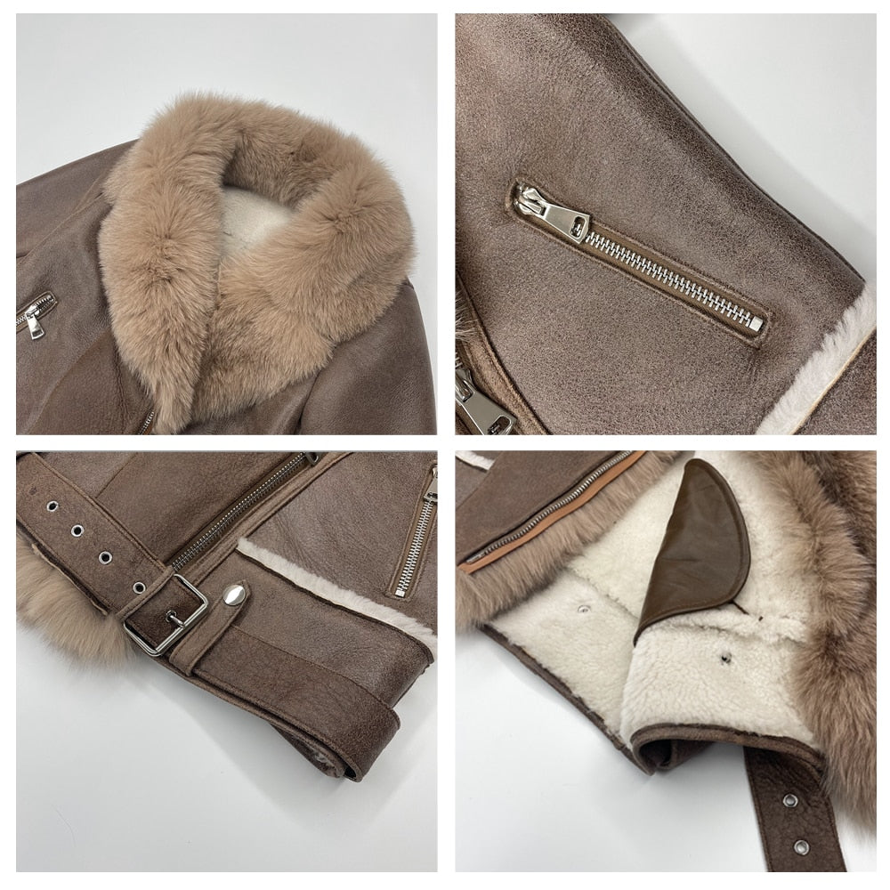 Genuine Leather Coat Big Fur Collar & Cuffs