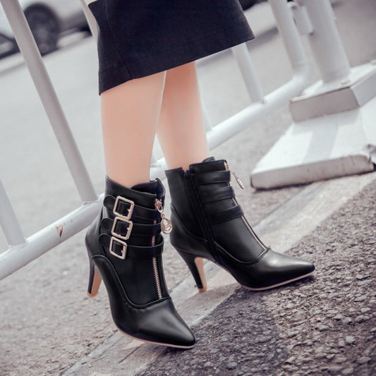 3 Buckle Pointed Toe High Heel Ankle Boots