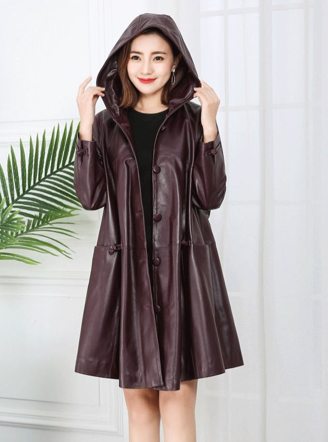 Genuine Leather Long Loose Hooded Jackets