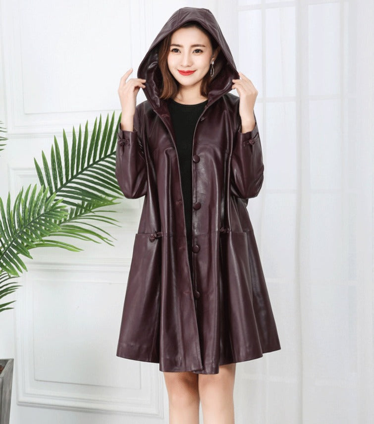 Genuine Leather Long Loose Hooded Jackets