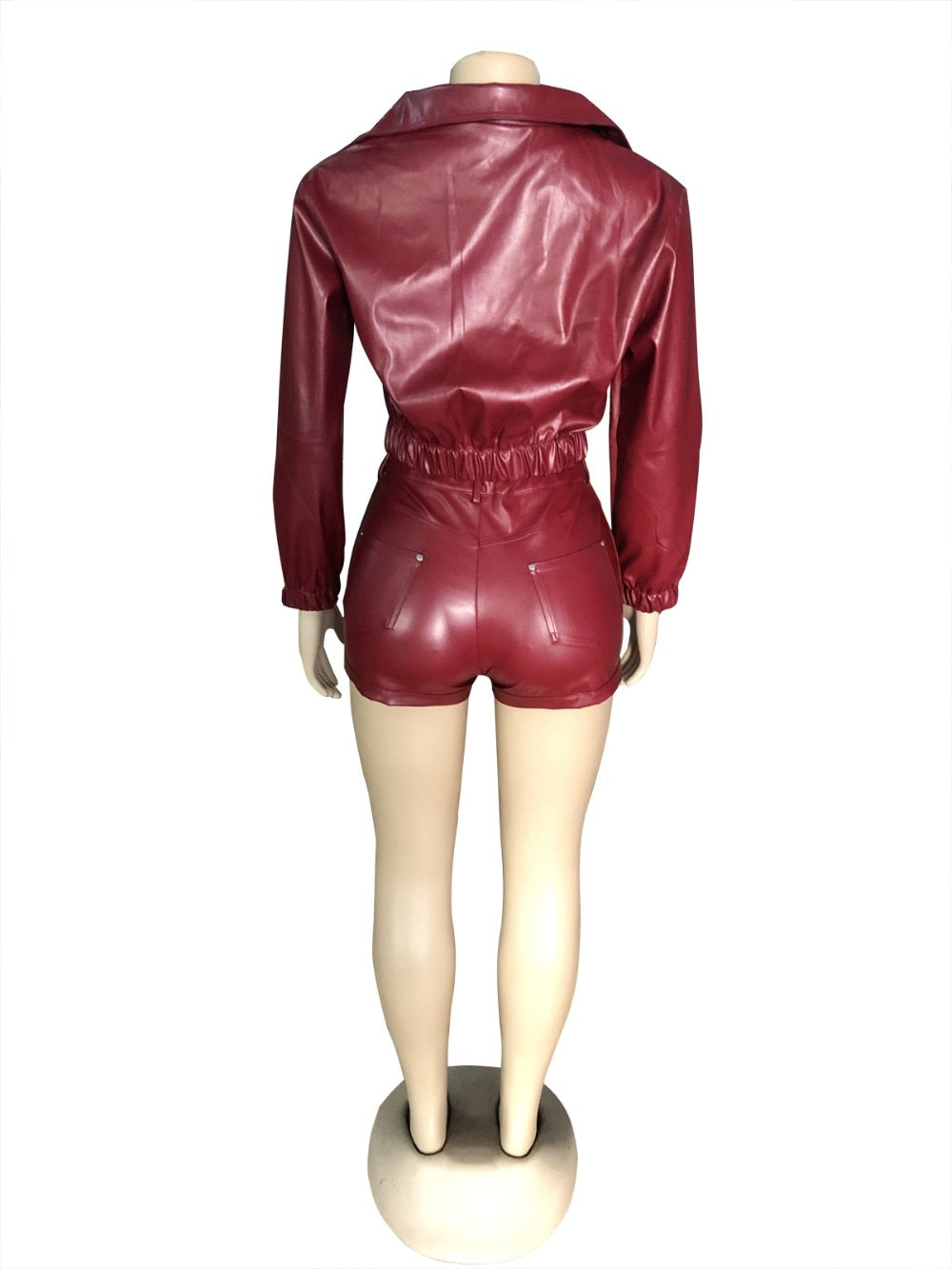 Pu Leather Turn Down Collar Crop Jacket and Shorts Sets