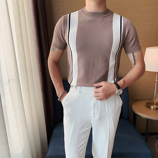 Color Bar Knitted Short Sleeve Shirts