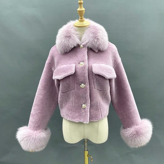 Short Shearling Real Fur Coats Collar & Cuffs