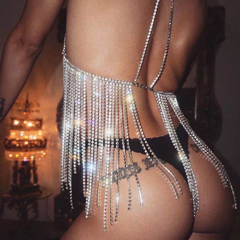 Crystal Long Tassel Chain Bra & Skirt