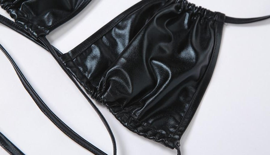 Pu Leather Lace Up Halter Bra + Mid Waist Hollow Hip Pants Set