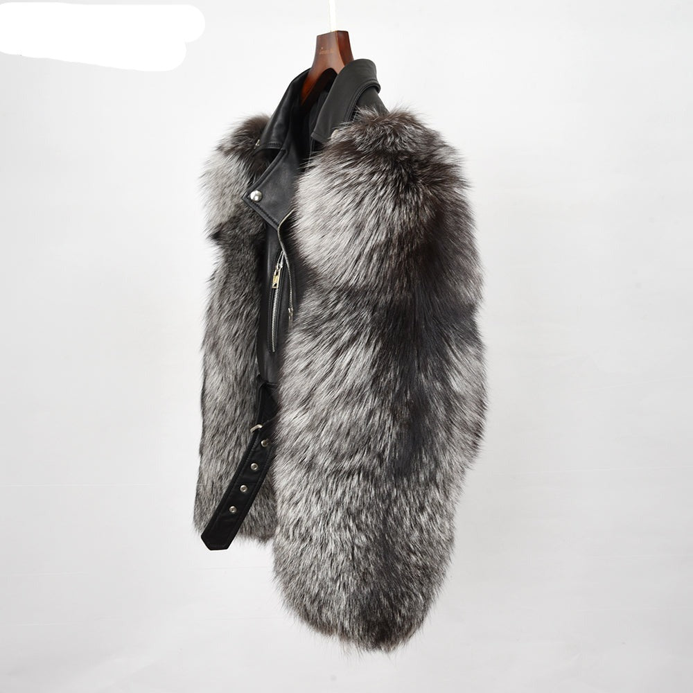 Genuine Leather Real Fox Fur Sleeves Moto Jackets