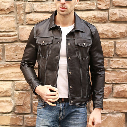Genuine Leather Jacket Slim Lapel