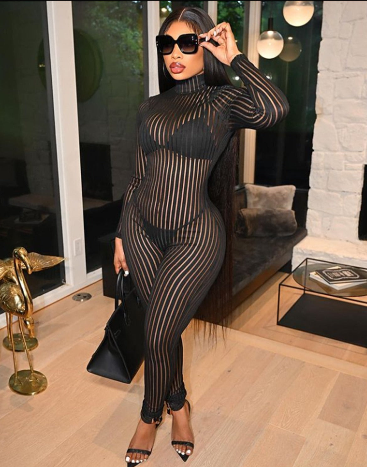 Black Stripe Mesh Long Sleeve Jumpsuit