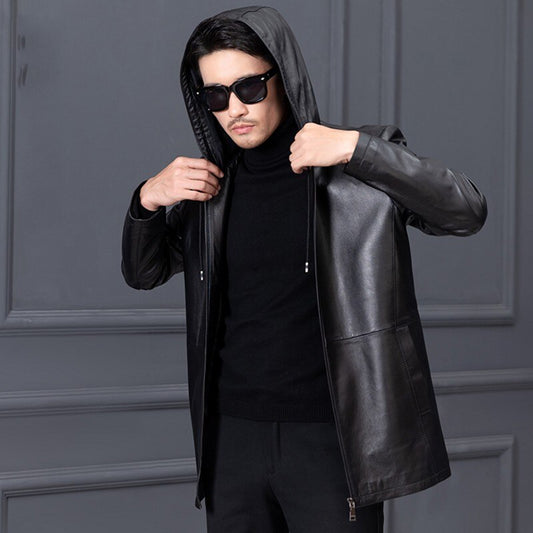 Genuine Leather Coat Hooded
