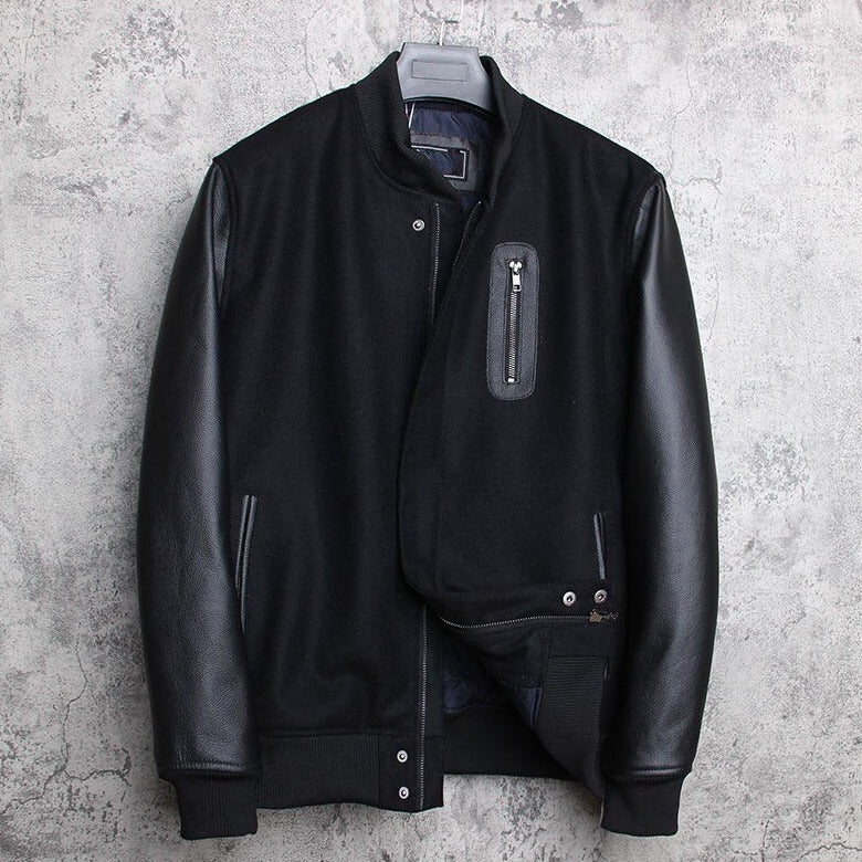 Genuine Leather Woolen Jacket Stand Collar