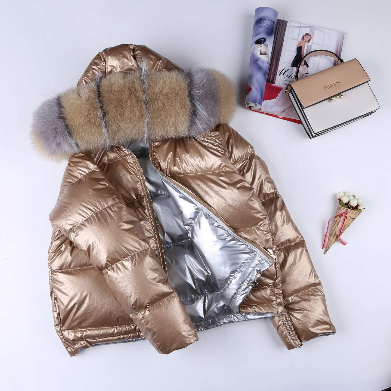 Metallic Real Fox Fur Parka Reversible Puff Jackets (Multi-Colors)