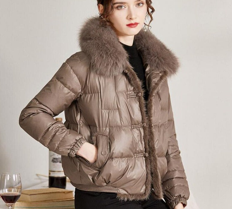 Duck Down Short Puffer Coats Real Fur Collar & Trim