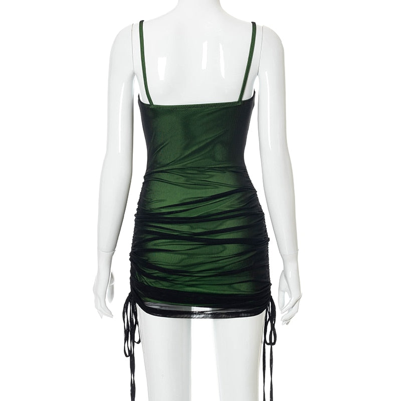 Black Ruched Mesh Bodycon Mini Green Dress L