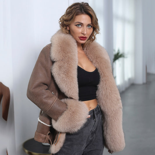 Genuine Leather Coat Big Fur Collar & Cuffs