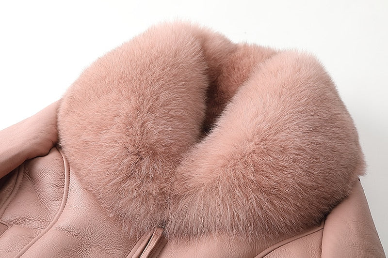 Genuine Leather Real Fox Fur Collar Real Wool Fur Liner Coats