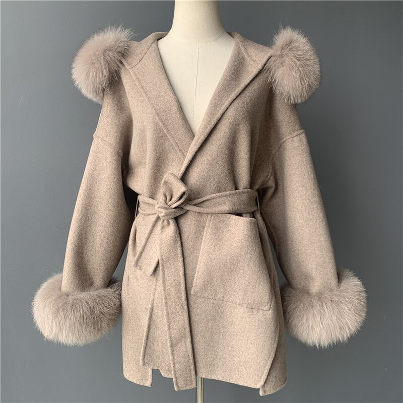 Cashmere Pea Coats Real Fur Hoodie & Cuffs