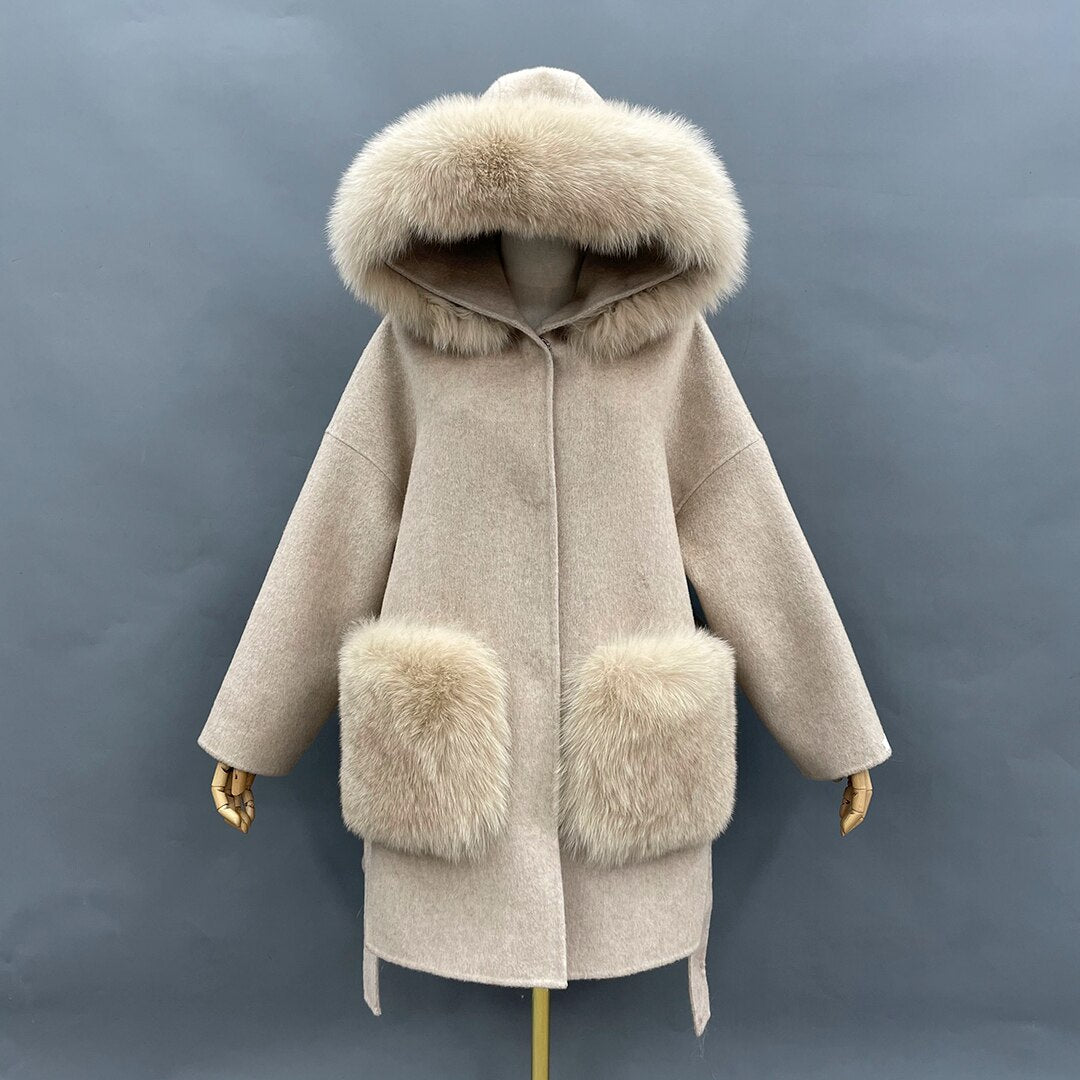 Cashmere Pea Coats Fur Trim Hood With Big Fur Pockets