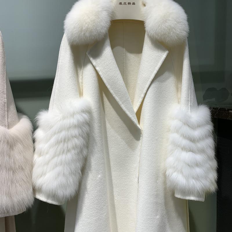 Plush Cashmere Long Coats Real Knitted Fur Collar & Long Cuffs