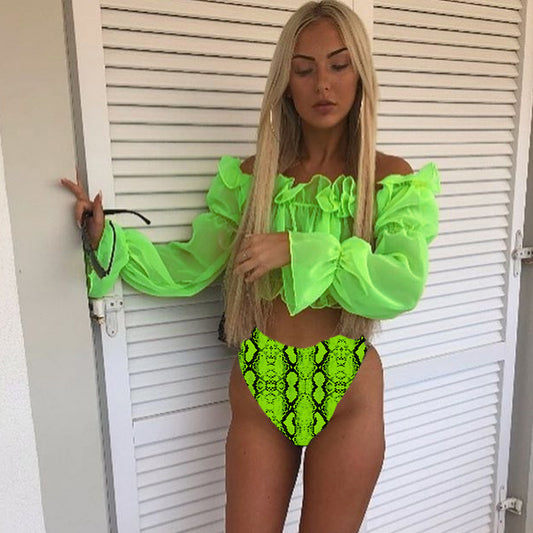 Mesh Ruffle Crop Top Padded High Waist Bikini Set