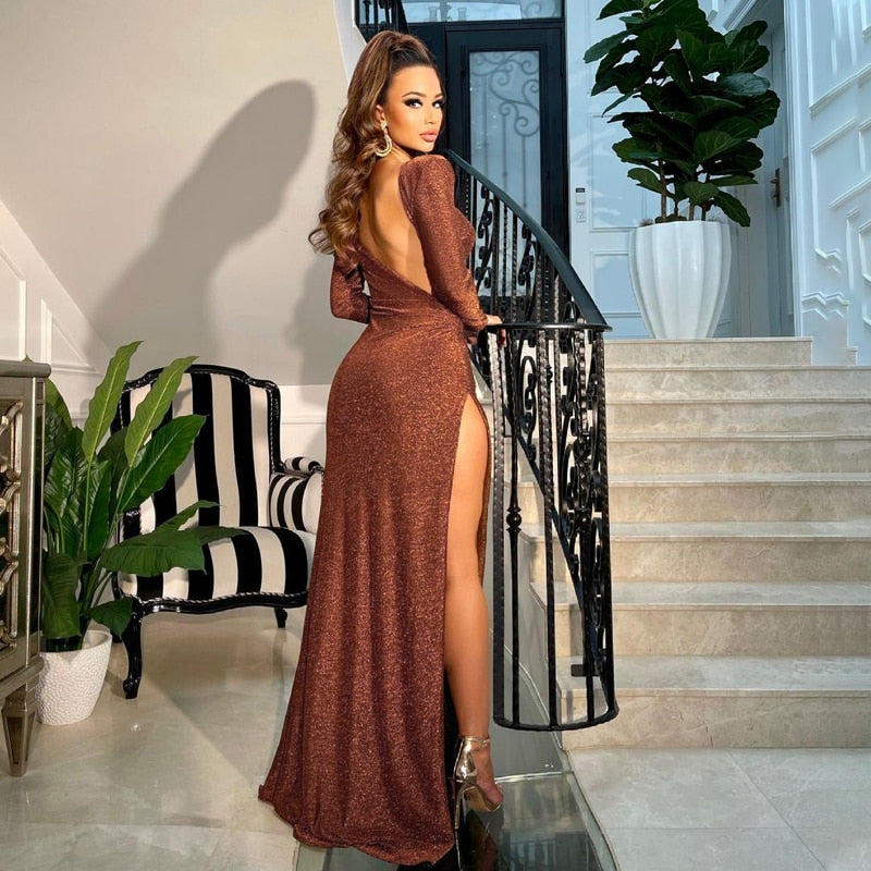 Sparkle Long Sleeve Backless Slit Maxi Dress