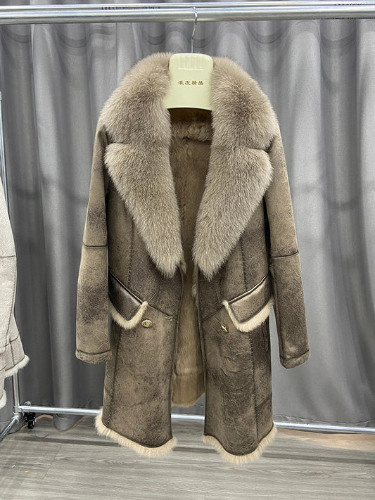 Genuine Leather Long Coats Big Fur Collar & Liner