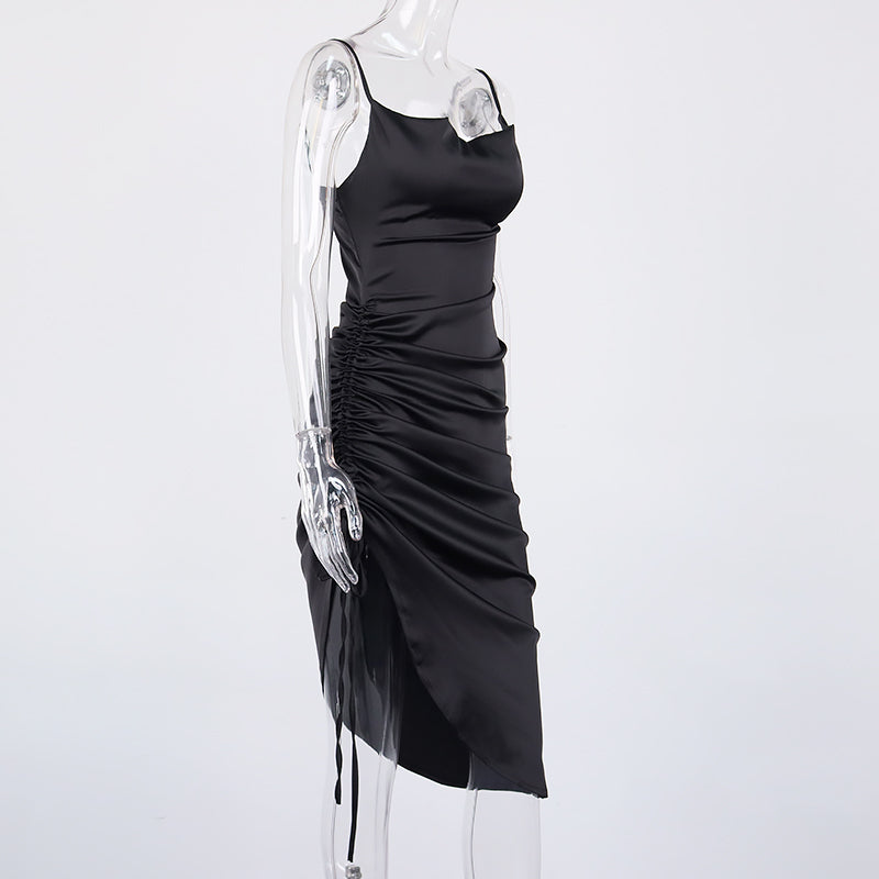 Satin Sleeveless Ruched Drawstring Midi Dresses