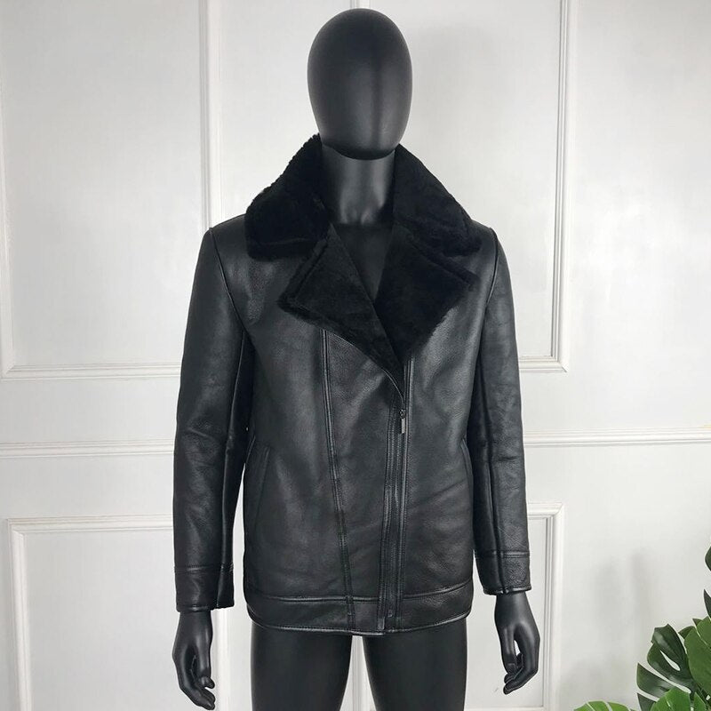 Black Genuine Leather Coat Real Fur Shearling