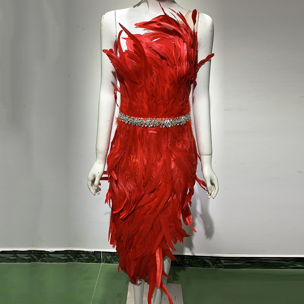 Red Feather Crystal Belt Midi Dress