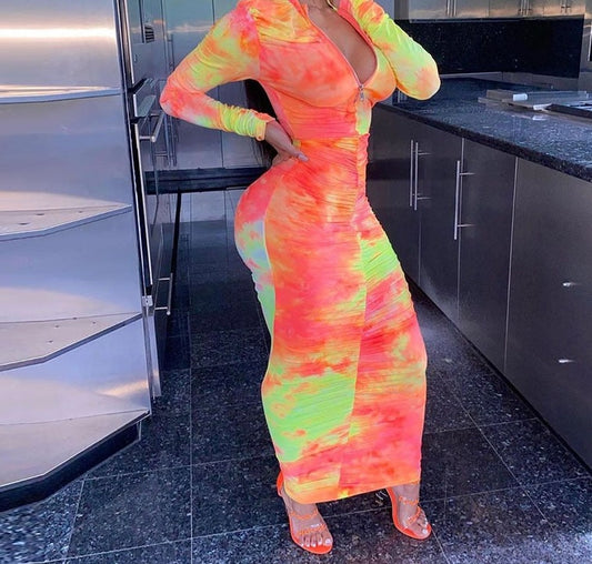 Long Sleeve Abstract Print Bodycon Maxi Dresses