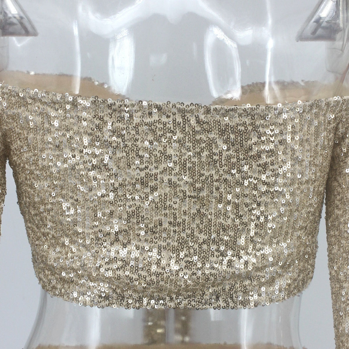 Gold Sequin Bow Off Shoulder Long Sleeve Crop and Mini Skirt