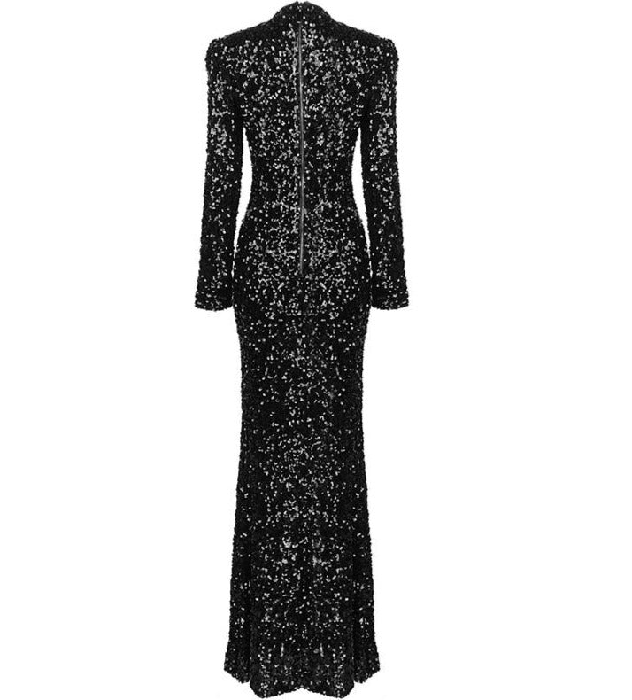 Black Sequins Long Sleeves Splice Maxi Dress