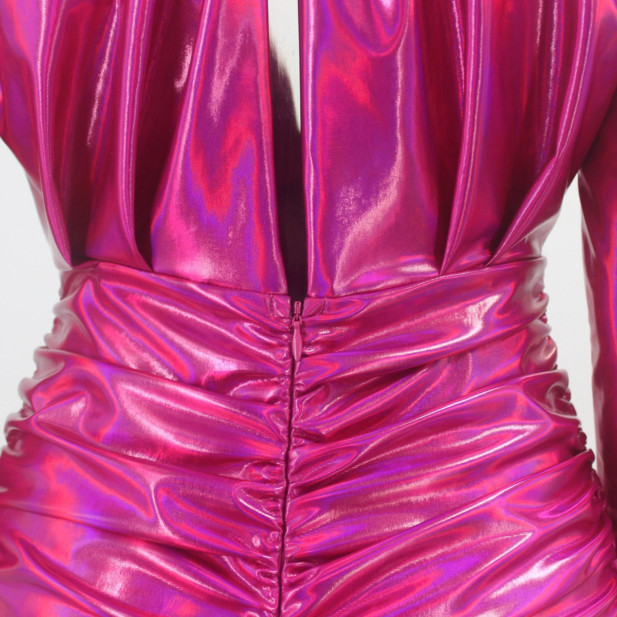 Shiny Purple Deep V Long Sleeve Pleated Bodycon Mini Dress