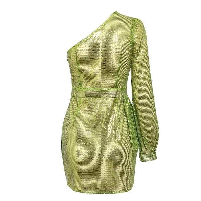 Green Sequin Lantern Sleeve Hollow Out Bodycon Mini Dress