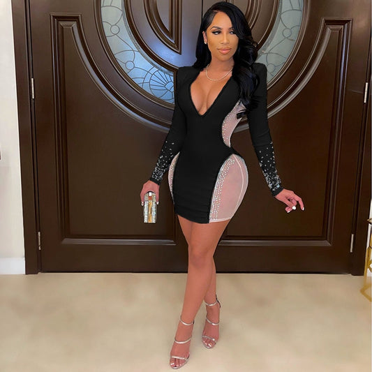 Side Mesh Crystal Embellished Dresses