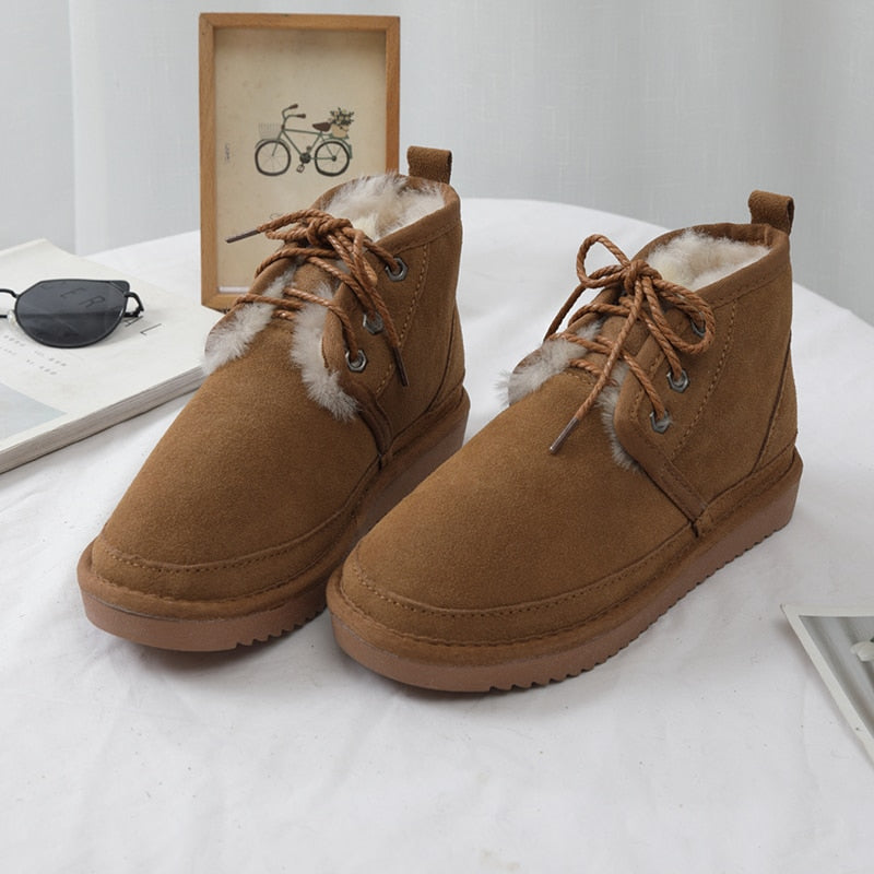 Genuine Leather Wool Ankle Snow Boots