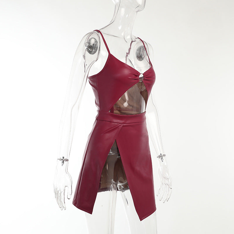 PU Leather Hollow Asymmetrical Mini Dress