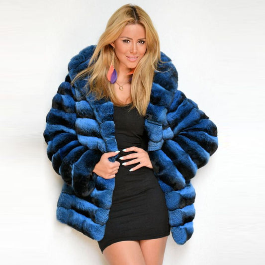 Blue Real Rabbit Fur Hooded Coats