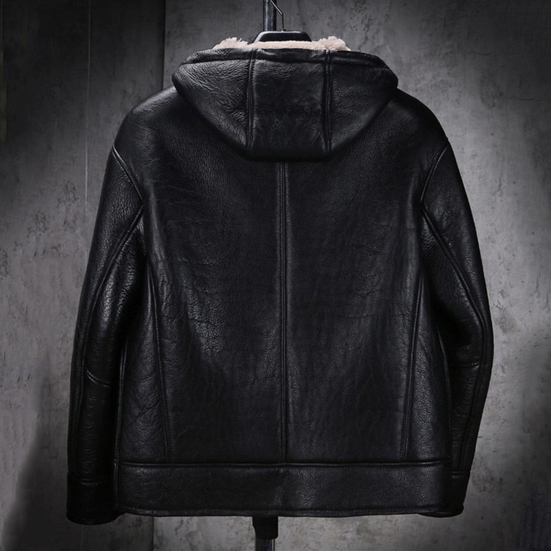 Black Genuine Leather Real Shearling Fur Short Coat Hooded