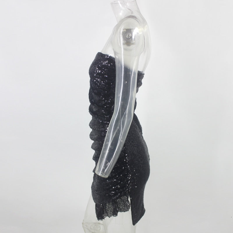 Black Sequin Off Shoulder Bodycon Split Mini Dress