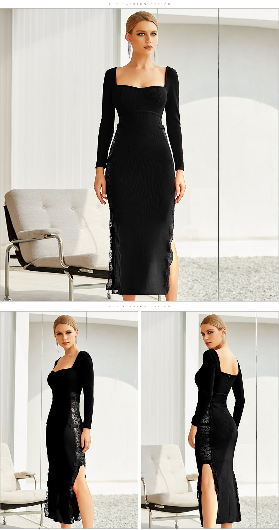 Long Sleeve Side Lace Maxi Bodycon Dresses